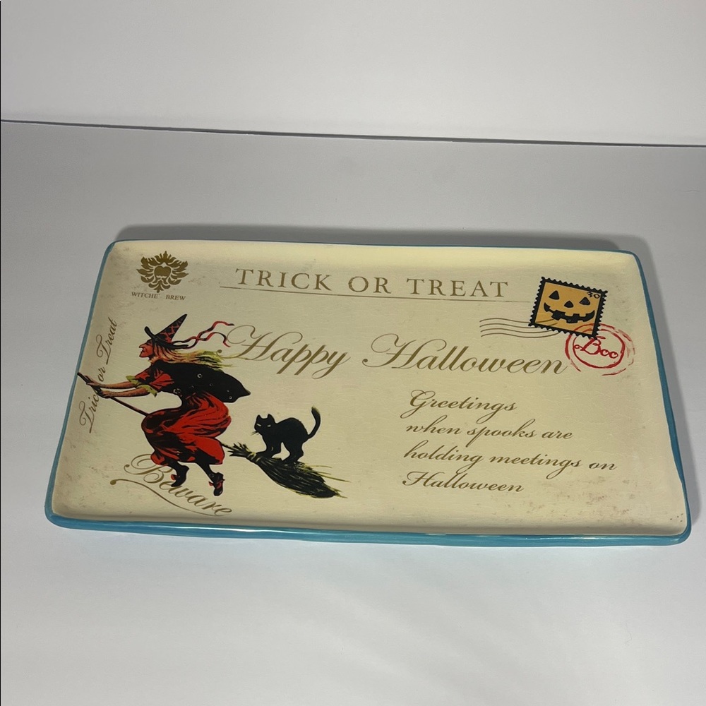 Vintage Looking Halloween Trick or Treat Rectangular Serving Plate 13x8 1/2 - Picture 1 of 5